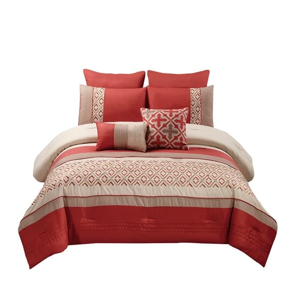Shop 8 Piece Queen Polyester Comforter Set With Geometric Embroidery Orange On Sale Overstock 32006774