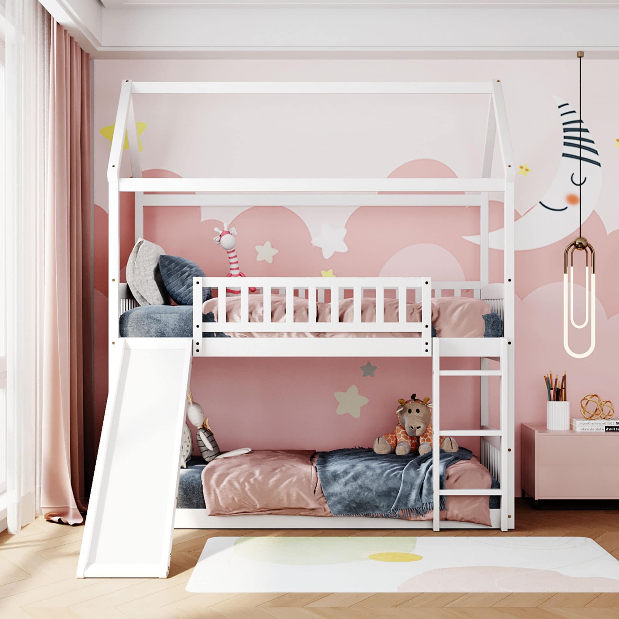 White Bunk Beds with Slide Wood House Bed Twin Over Twin Kids Bunk Bed with Roof Slide Bunk Beds with Ladder for Girls Boys