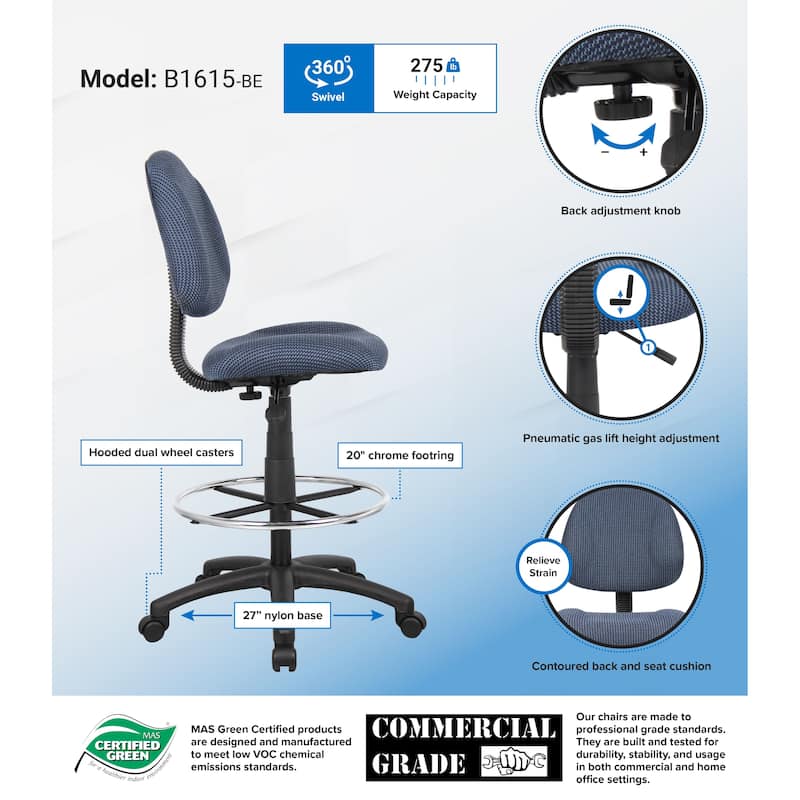 Boss Contoured Comfort Adjustable Rolling Drafting Stool Chair