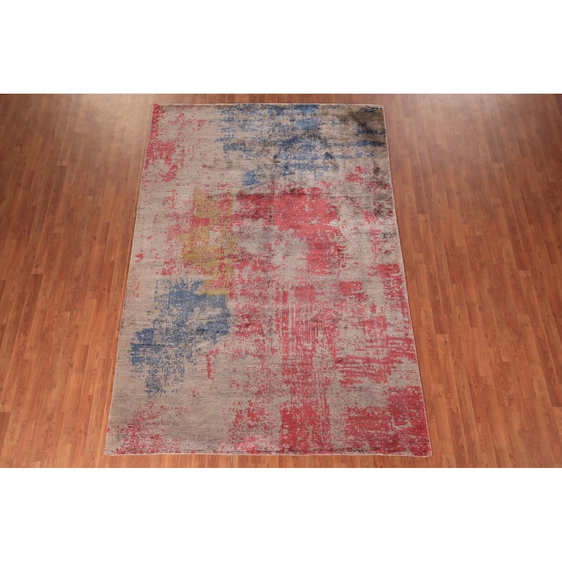 Contemporary Indian Area Rug Handmade Abstract Wool Carpet - 6'7" x 9'8"