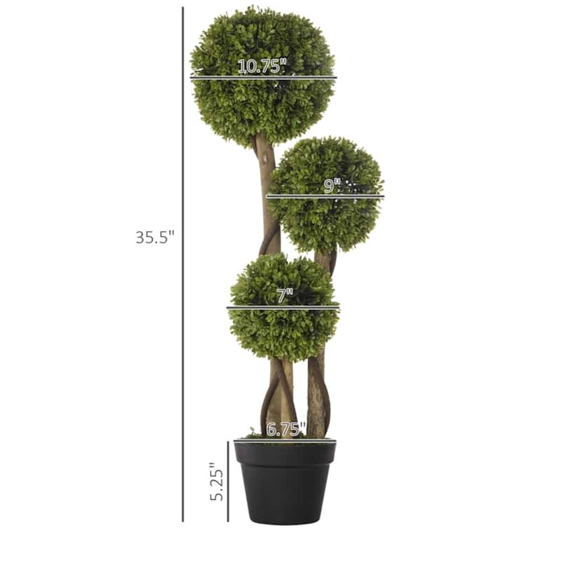 Artificial Three-Ball Boxwood Tree 35 Inch Dark Green with Cement Pot for Home Office and Outdoor Decoration