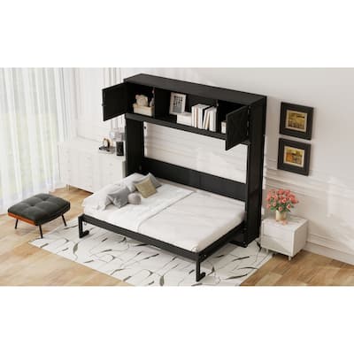 Full-Size Wall Bed Featuring Built-In Storage Cabinets, Black Finish