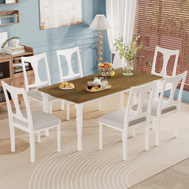 7-Piece Dining Table Set,Extendable Wood Dining Table with Removable Leaf, Kitchen Table Set with 6 Upholstered Side Chair
