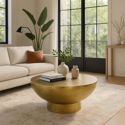 Orion Coffee Table 32 Inch Round Martini Glass Shape Hammered Antique Brass Finish