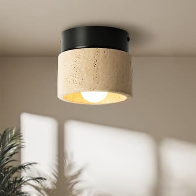 1-Light Mid-Century Modern Yellow Cave Stone Cylinder Flush Mount Ceiling Light - 4.72 in W x 4.72 in. H x 4.72 in. D