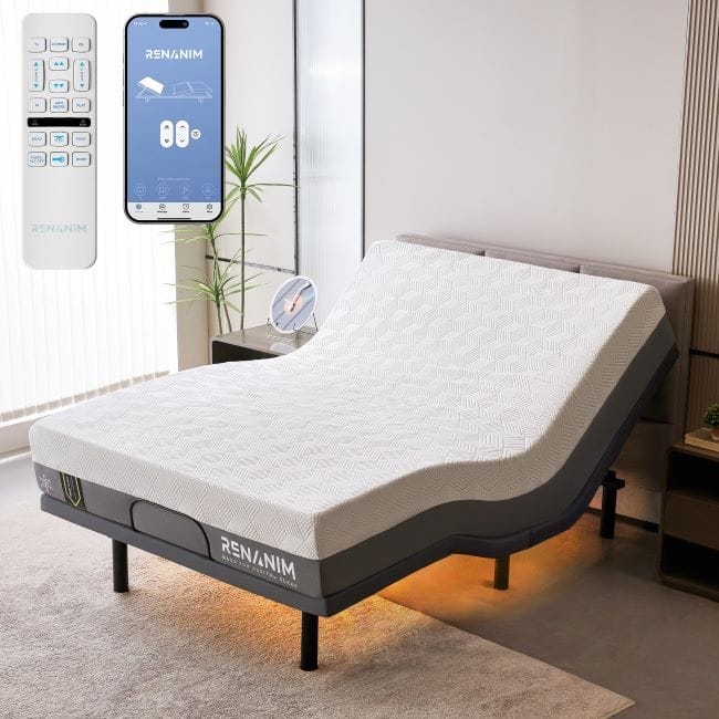 Renanim Adjustable Bed Frame with 14-inch Hybrid Mattress, Dual Massage, USB Ports, App Control, Underbed Light, Remote - Queen