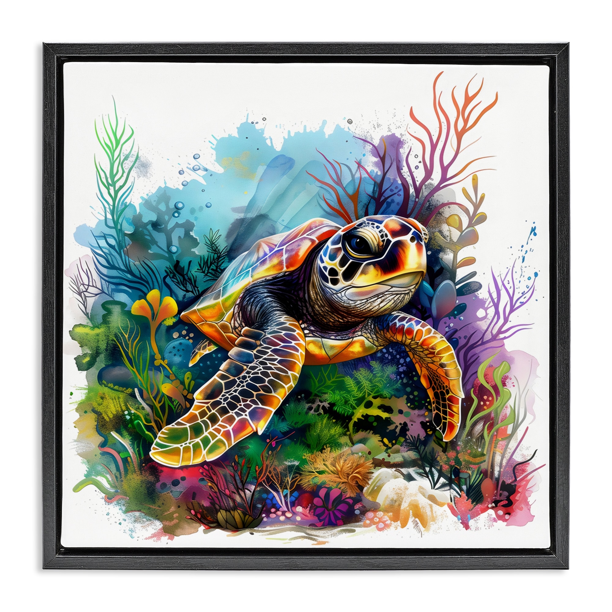 Stupell Sea Turtle & Vivid Coral Reef Framed Floater Canvas Wall Art Design By LSR Design Studio