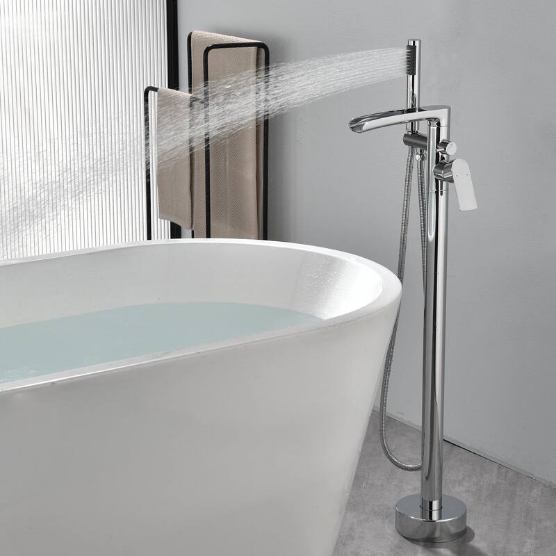Single Handle Floor Mounted Freestanding Waterfall Tub Filler with Handheld Shower
