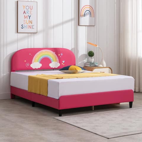 Kids Bed Frame, Faux Leather Upholstered Platform Bed Frame with Curved Headboard,Bed Frame for Children