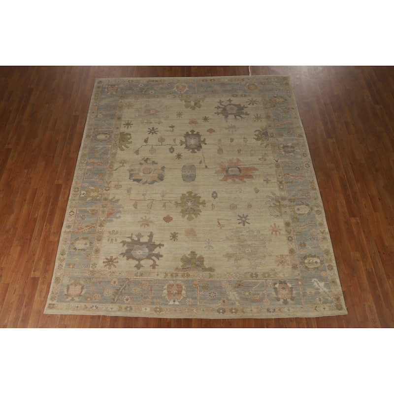 Hand Knotted Oriental 100% Wool Carpet Transitional All-Over Beige & Ivories Oushak Area Rug - 9' 9'' X 8' 2''