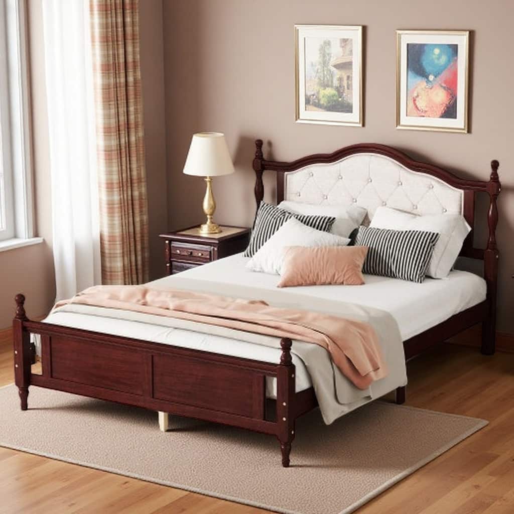 Queen Pine Wood Bed with Upholstered Headboard, Panel Footboard, Hidden Storage, and Central Support Feet
