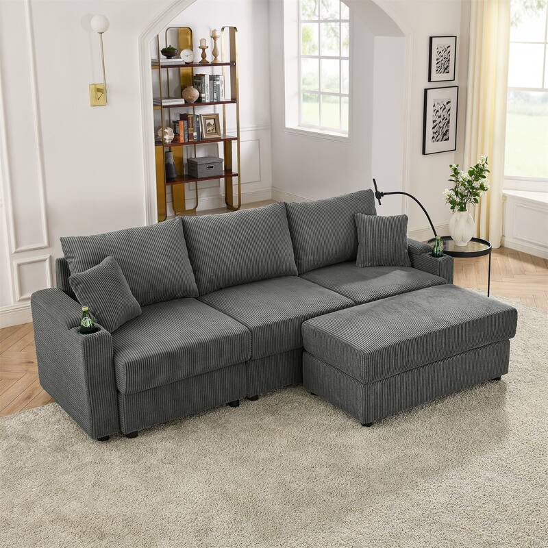 L-shaped Sectional Sofa Corduroy Deep Seat Couch with Ottoman Chaise Lounge, Storage Armrests, Cup Holders and Phone Stand - Grey