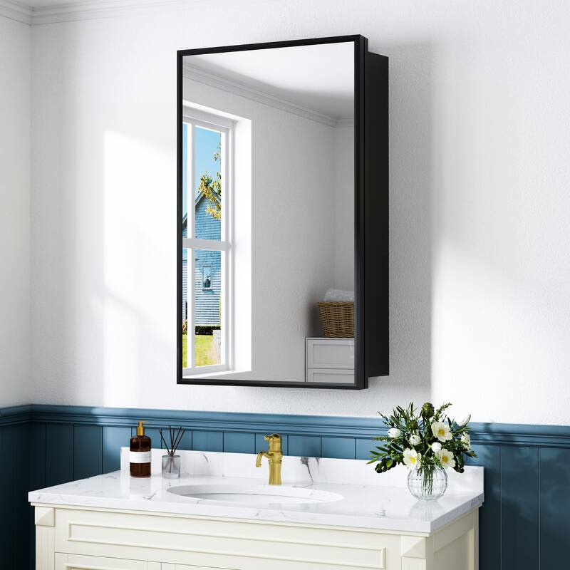 Elise Iron Medicine Cabinet with Mirror, Adjustable Shelves, Recessed or Wall Mount - 14 in. W x 24 in. H - Black