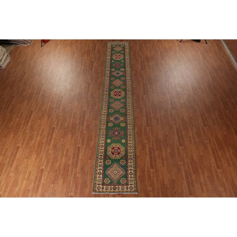 Traditional Green Kazak Runner Rug Hand-Knotted Wool Carpet - 2'8" x 16'4"
