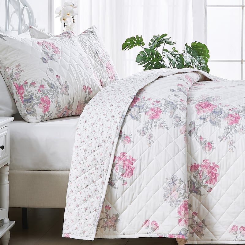 Floral Stripe Printed Prewashed Percale Cotton Quilt Set