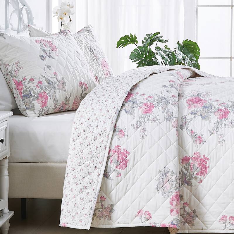 Printed Prewashed Percale Cotton Purple Collection (Individual Set Sell Separately) - Pink Floral Quilt Set - King - 3 Piece