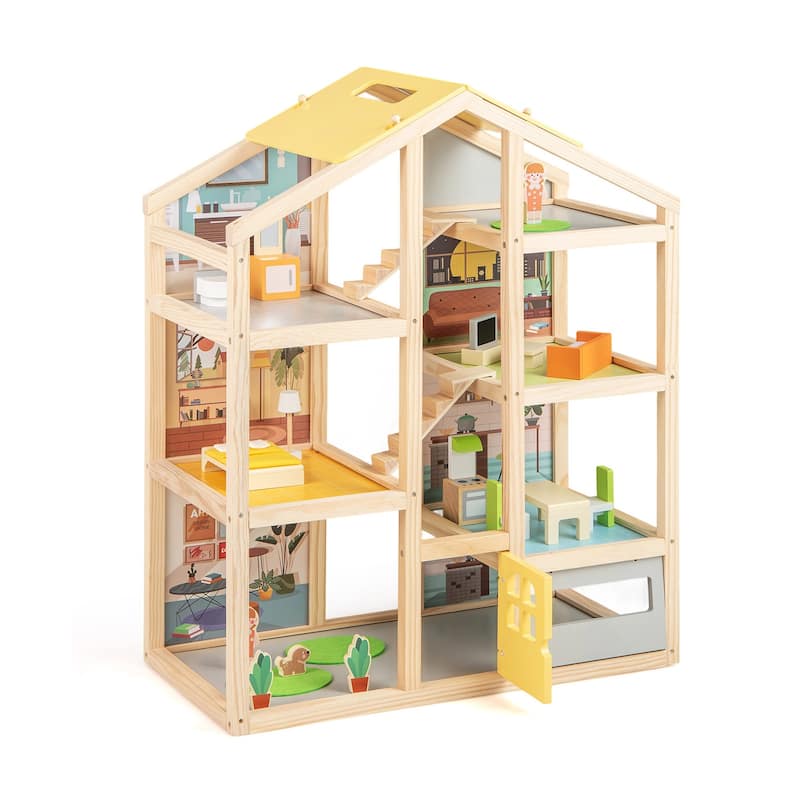 18 Furniture Pieces Children’s Wooden Dollhouse Playset with Kitchen Bedroom and Living Room - 24" x 12" x 29.5"