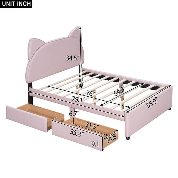 slide 2 of 10, Full Size Upholstered Platform Bed with Cartoon Ears Shaped Headboard and 2 Drawers, Pink Pink - Full