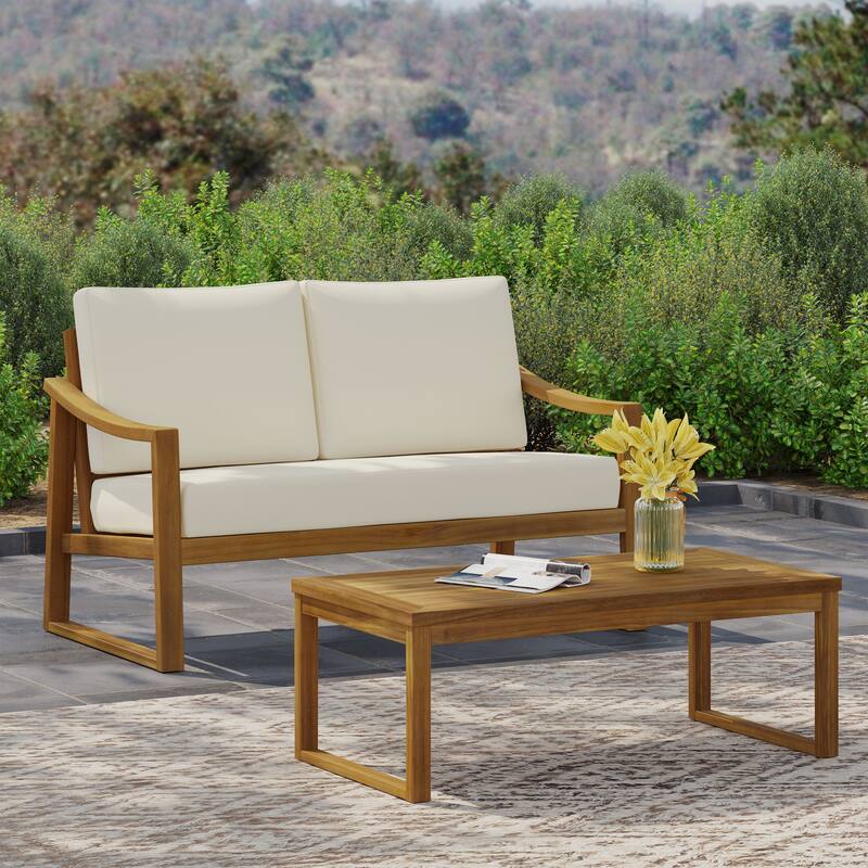 Samwell Acacia Wood Outdoor Loveseat and Coffee Table Set by Christopher Knight Home - Teak + Beige