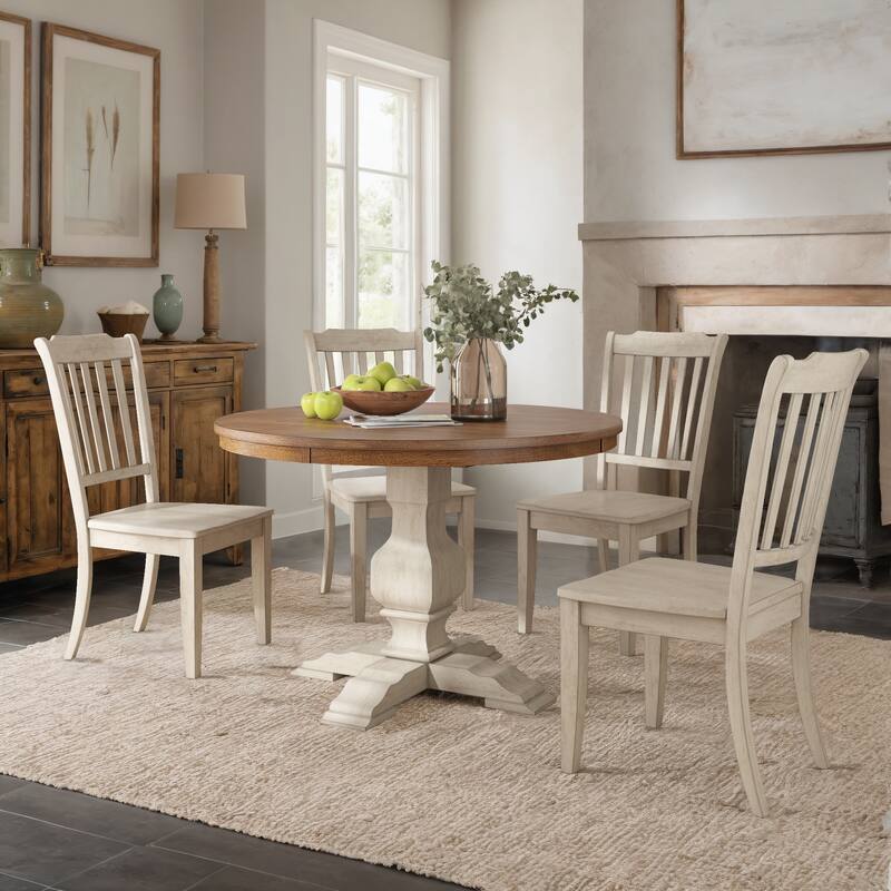 Ronda 45" Round Solid Wood Top Dining Set with Spindle Back Chairs - Antique White Table - Antique White Chairs
