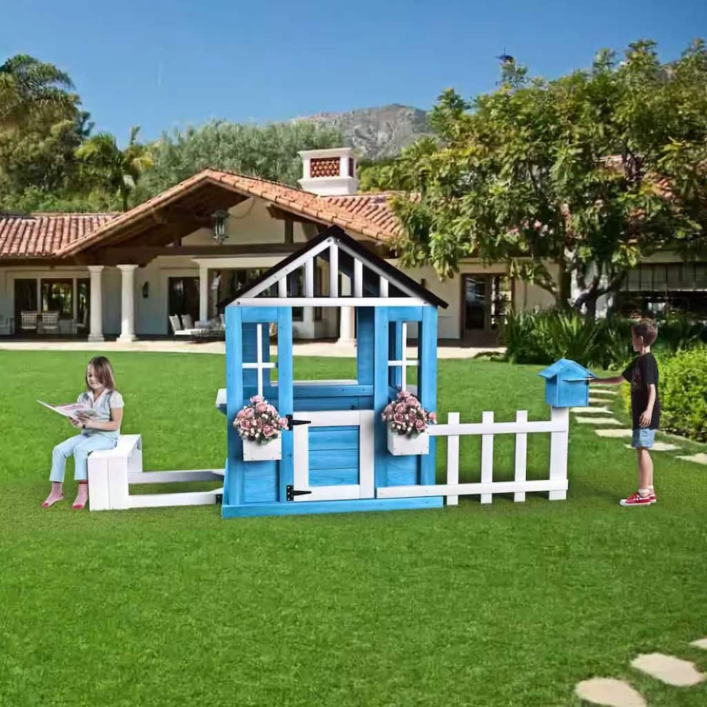 Outdoor Playhouse Wooden Kids Play House w/Picnic Bench