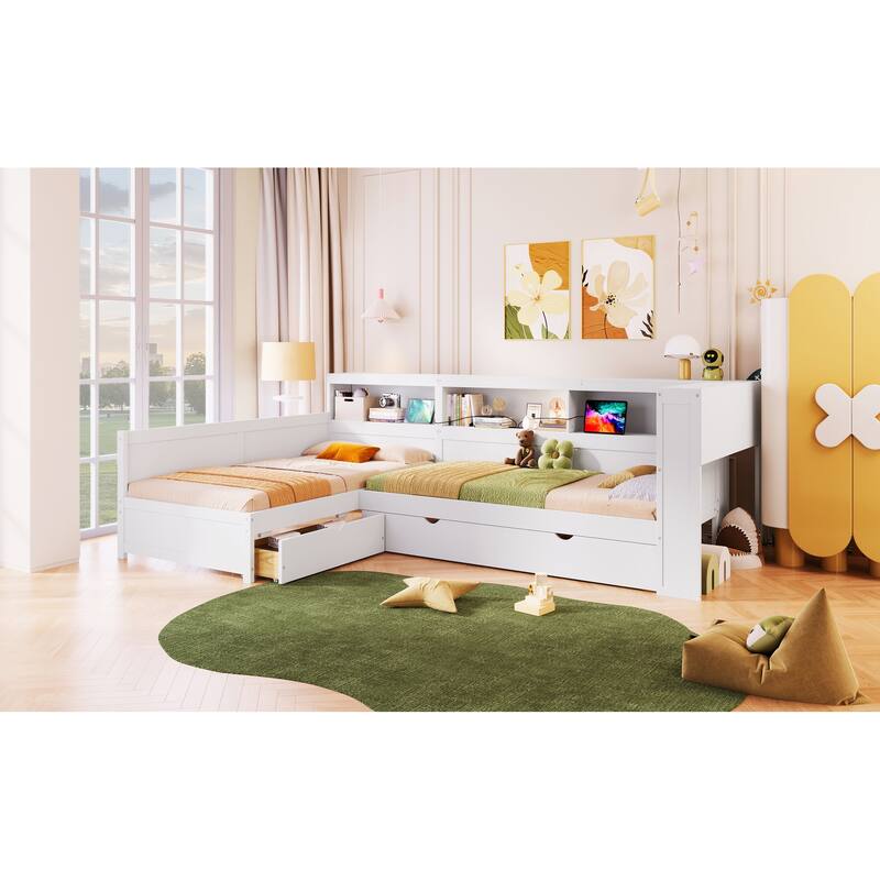 Twin Size L-shaped Platform Bed with Trundle, Drawer, and Charging Station, White