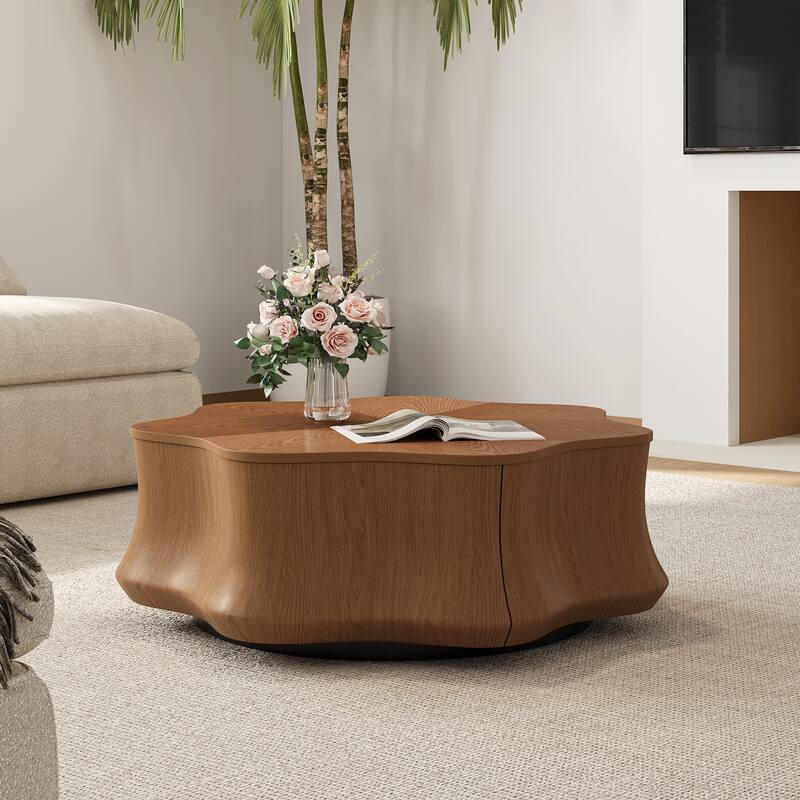 32.5" Petal Solid Wood Veneer Coffee Table - Drawer Storage, Modern&Medieval Living Rooms