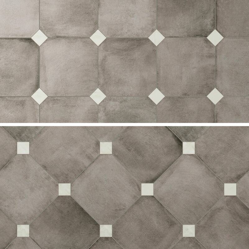 Merola Tile Laverton Octagon Grafito with Taco Nieve 7-7/8" x 7-7/8" Porcelain Floor and Wall Tile