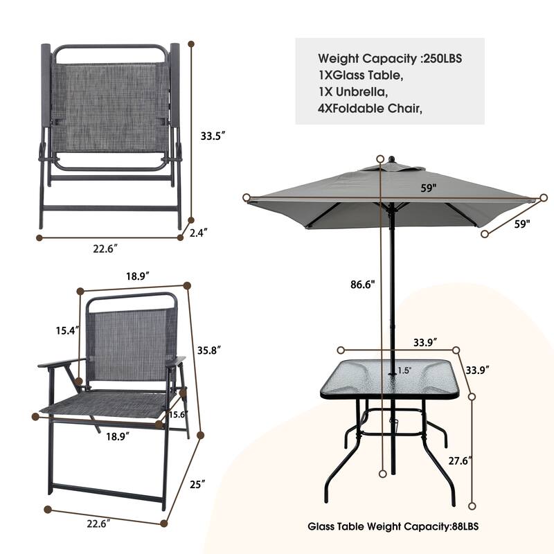 Outdoor Patio Dining ,Metal Patio Furniture Table and Chair Set with Umbrella - Grey
