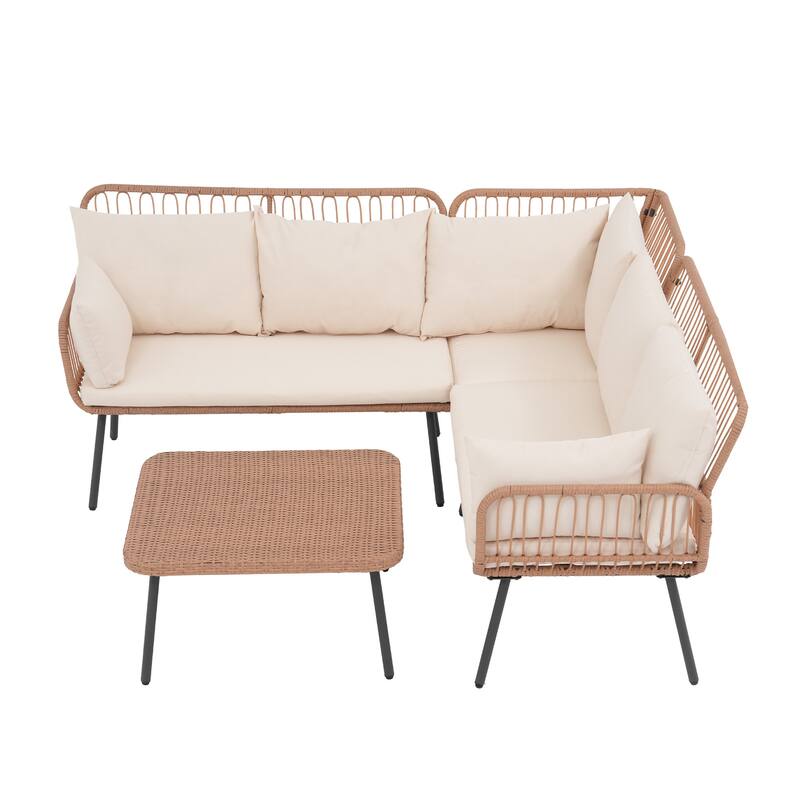 Outdoor Patio Furniture L-Shaped Corner Wicker Sofa Set with Coffee Table