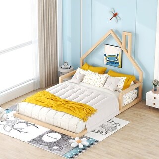 Floor Full Size Platform Bed with House-shaped Headboard and Chimney Design