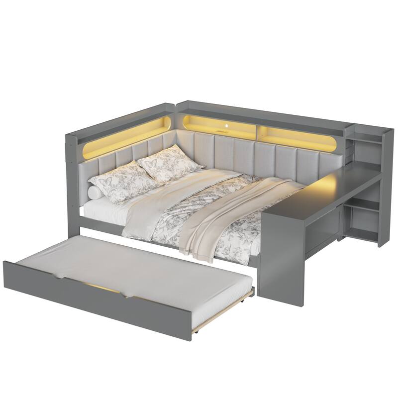 Roomfitters Full Daybed with Trundle, Charging Station and Upholstered Headboard