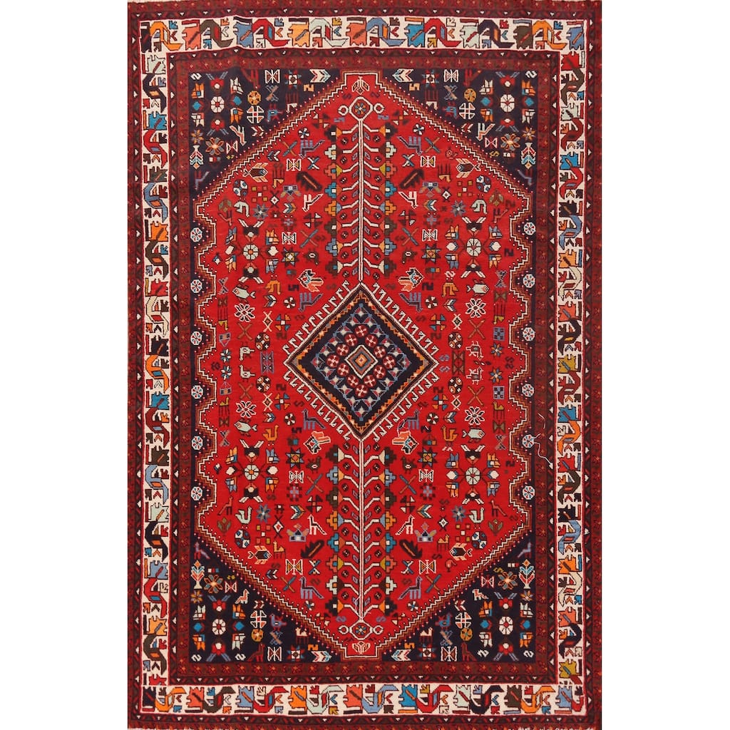 Hand Knotted Oriental 100% Wool Carpet Traditional Tribal Red Shiraz Area Rug - 9' 10'' X 6' 8''