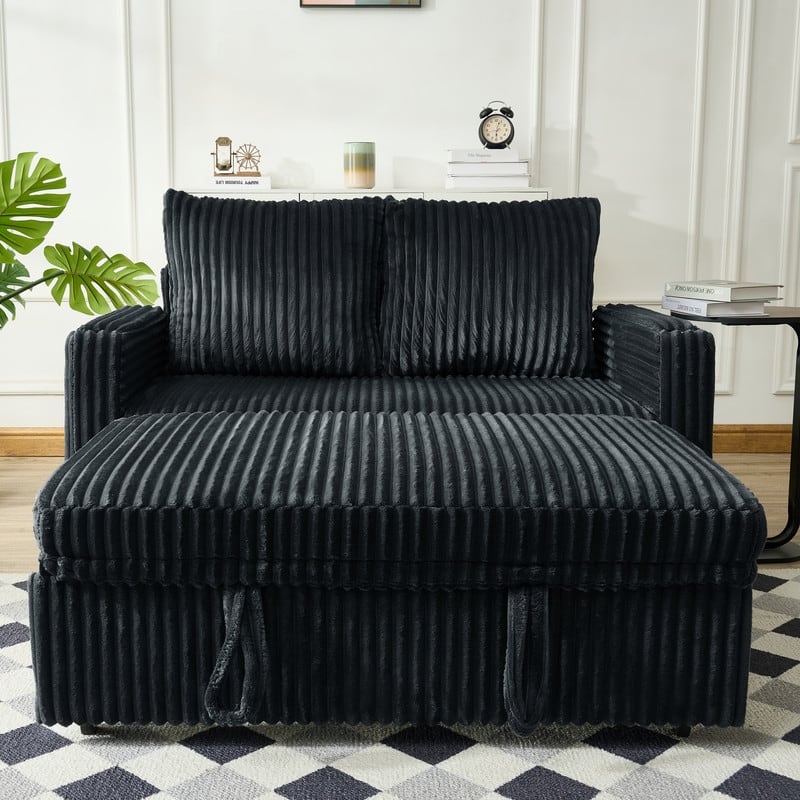 Corduroy Sleeper Sofa w/ USB Ports, Convertible Pull-Out Sofa Bed, Modern Sleeper Couch Loveseat w/ 2 Pillows & Pocket