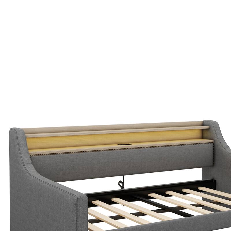 Twin Size Daybed with Storage Drawers, Upholstered Daybed with Charging Station and LED Lights