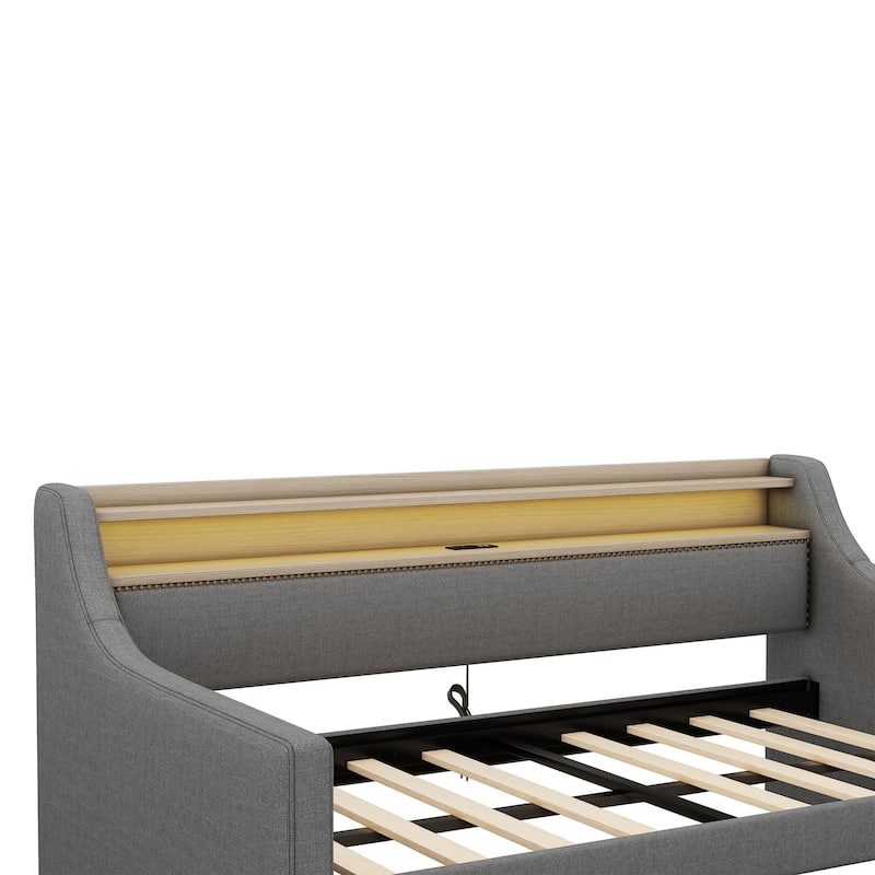 Twin Size PU Leather Upholstered Daybed with Storage Drawers, Charging Station, LED RGB Lights & Headboard Storage