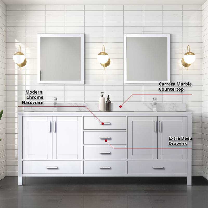 Jacques 80 in. W x 22 in. D Dark Grey Double Bath Vanity, Carrara Marble Top, Faucet Set, and 30 in. Mirrors