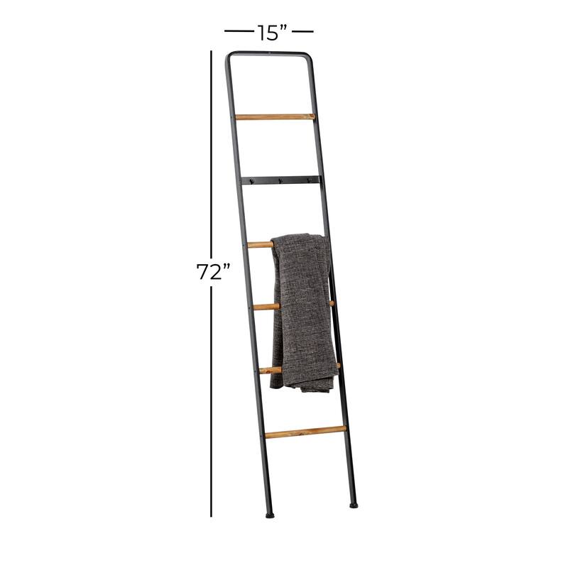 Metal Slim 3 Hook Ladder with 5 Brown Wood Rungs - Black - Roche River Decor - 1"W x 15"L x 72"H