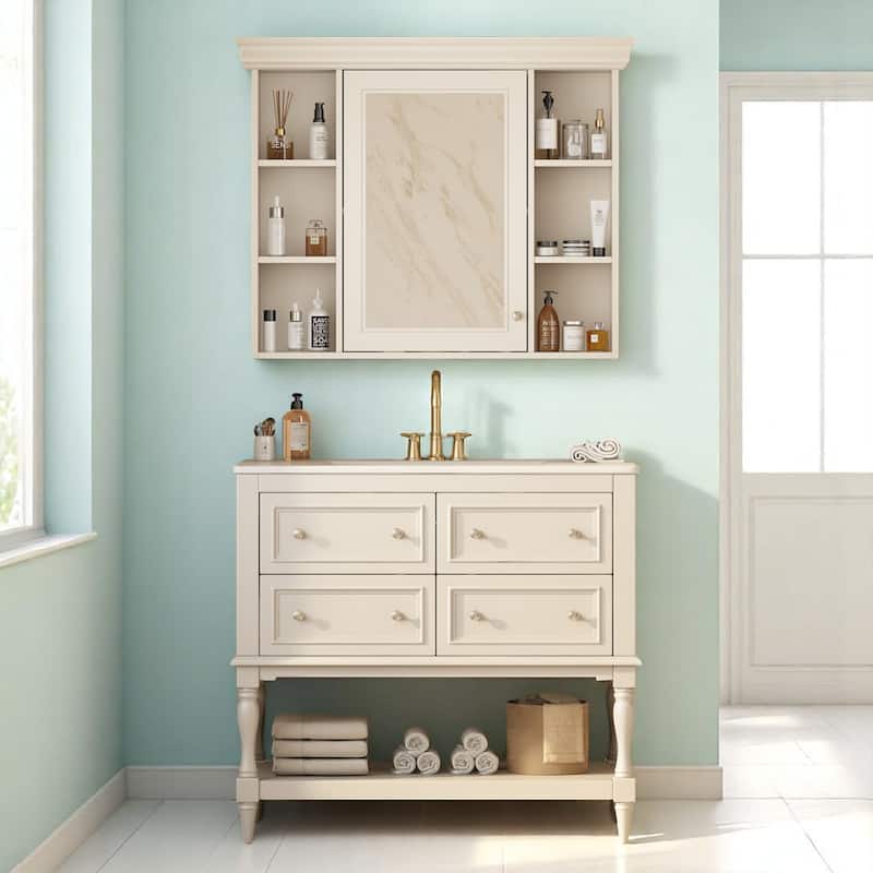 36 Inch Bathroom Vanity Combo with Ceramic Sink and Mirror Cabinet, Modern Storage Cabinet with 4 Drawers - Beige