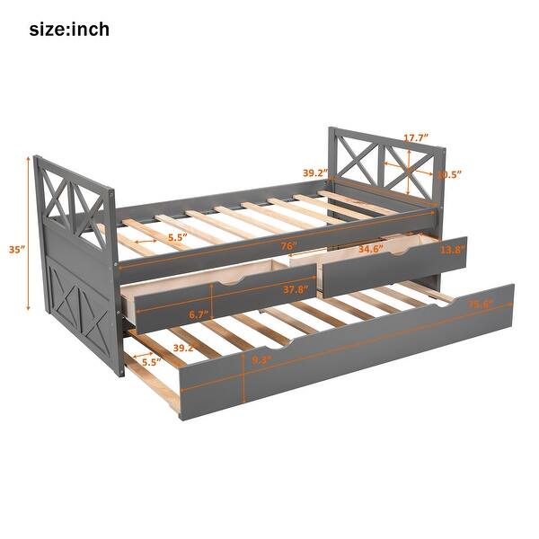 dimension image slide 1 of 3, Twin Size Wooden Daybed with 2 Drawers and Trundle for Kids Teens