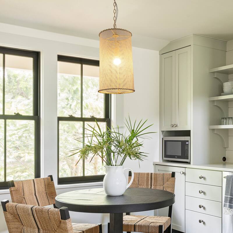 Farmhouse Mini Pendant Cylinder Rope Mesh Cage Kitchen Island Lights for Dining Room - 9.84" W x 19.29" H