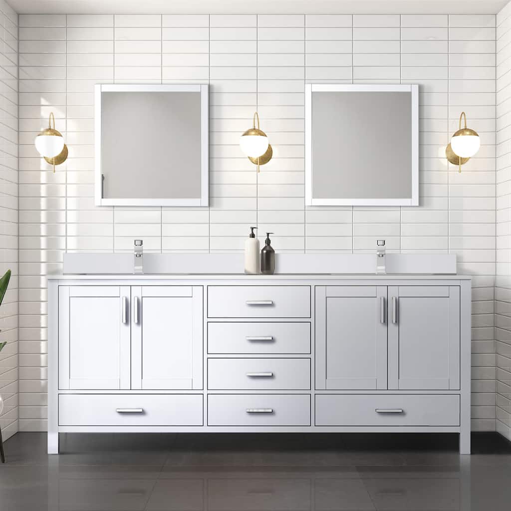 Jacques 80 in. W x 22 in. D White Double Bath Vanity, White Quartz Top, Faucet Set, and 30 in. Mirrors
