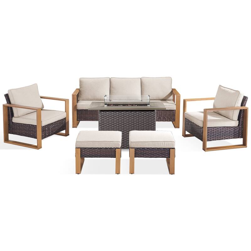 Meyreso Wicker Patio Conversation Set with Fire Pit Table & Olefin Cushions