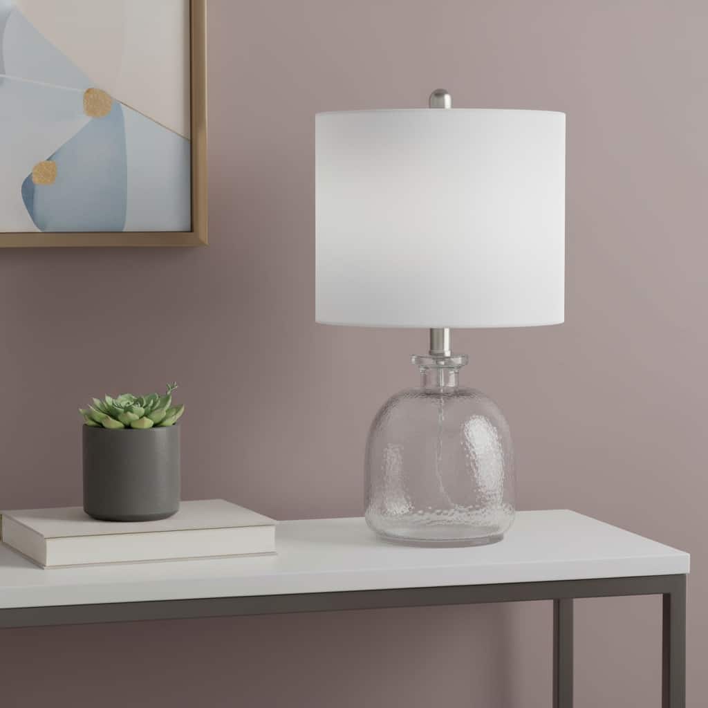 HomeRoots 20" Gray Glass Round Table Lamp With White Drum Shade - 11.00 in. x 20.00 in. x 11.00 in.