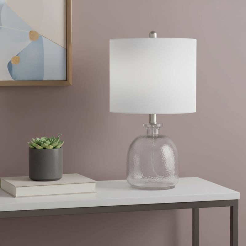 HomeRoots 20" Gray Glass Round Table Lamp With White Drum Shade - 11.00 in. x 20.00 in. x 11.00 in. - White/Gray - 11.00 in. x 20.00 in. x 11.00 in.