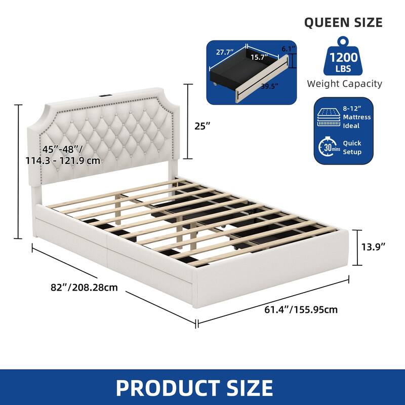 Moasis Velvet/Linen Upholstered Bedframe with Adjustable Headboard and 4 Storage Drawers