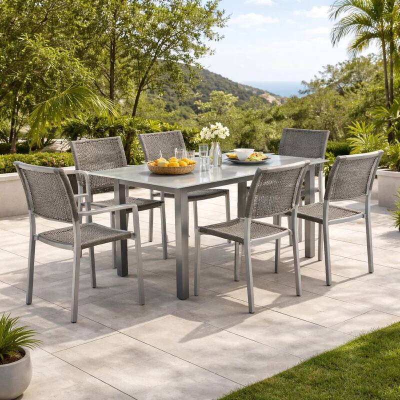 Kylo 7 Piece Dining Table Set, Aluminum, Gray Rope Weave Backrest and Seat