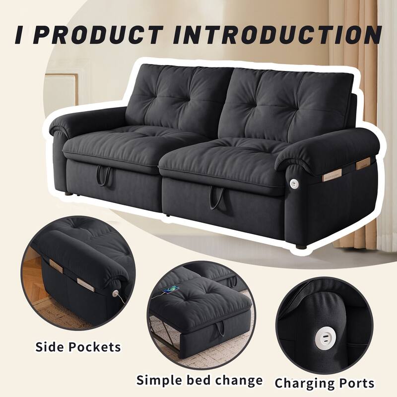 2-in-1 Velvet Pull Out Sleeper Sofa Bed Convertible Loveseat Couch for Sitting, Napping or Sleeping with Side Pockets and USB