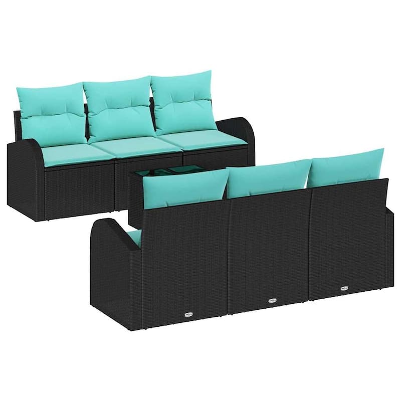 vidaXL 7 Garden Sofa Set with Cushions Black/Brown/Grey Poly Rattan - 70.5 x 24.4 x 27.2