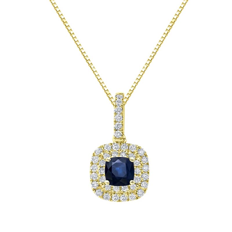 14k Gold Cushion-Cut 1 1/4ct Blue Sapphire and 3/5ct TDW Double Halo Diamond Necklace by Auriya - Yellow